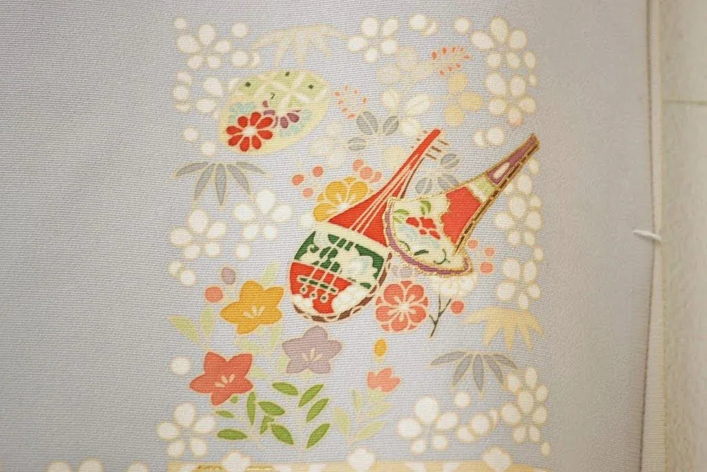 100% Silk Kimono Wedding TSUKESAGE Biwa Guitar Music Flower Geometric