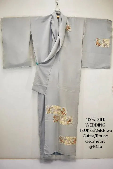 100% Silk Kimono Wedding TSUKESAGE Biwa Guitar Music Flower Geometric