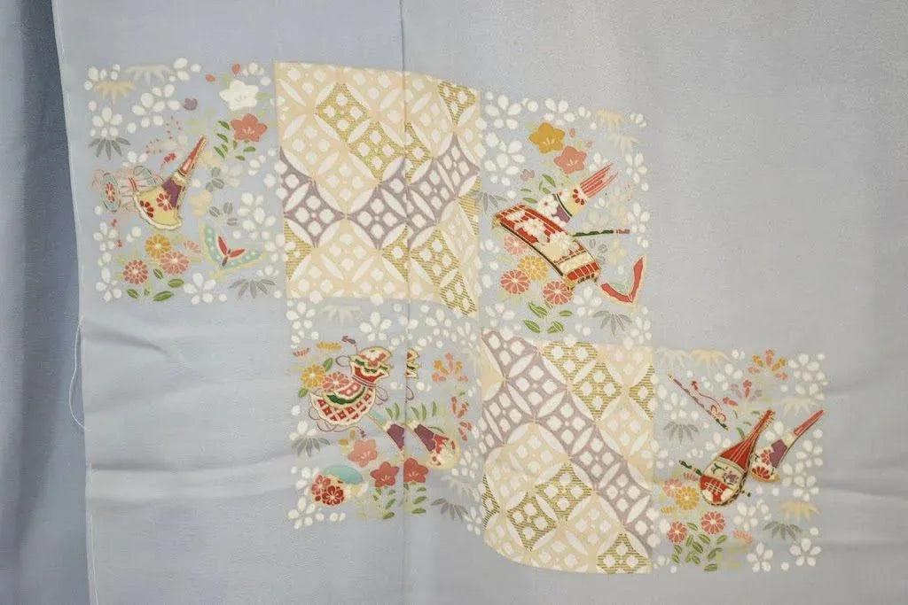 100% Silk Kimono Wedding TSUKESAGE Biwa Guitar Music Flower Geometric