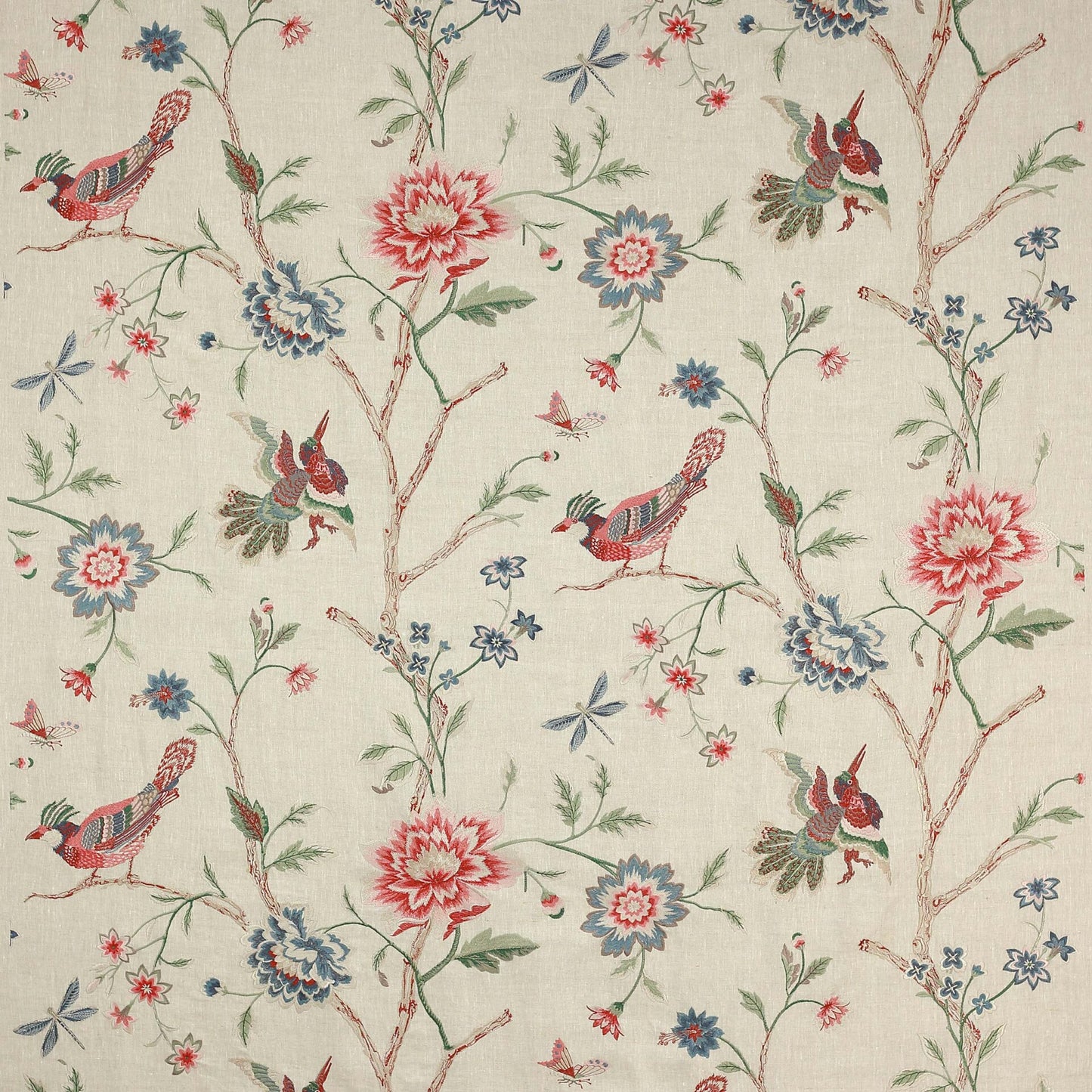 Colefax and Fowler Olivia Red Green Embroidery Red Bird Flower Tree Foliage on White MSRP USD400/y