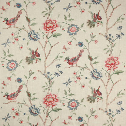 Colefax and Fowler Olivia Red Green Embroidery Red Bird Flower Tree Foliage on White MSRP USD400/y
