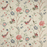 Colefax and Fowler Olivia Red Green Embroidery Red Bird Flower Tree Foliage on White MSRP USD400/y
