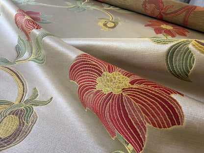 Scalamandre Caserta Lampas Silk Wool Pomegranate Lilies Beige Red MSRP USD 496/Y