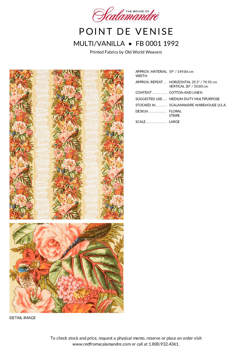 Scalamandre  Point de Venise Multi/Vanilla Stripe Botanical Beige White MSRP USD128/y