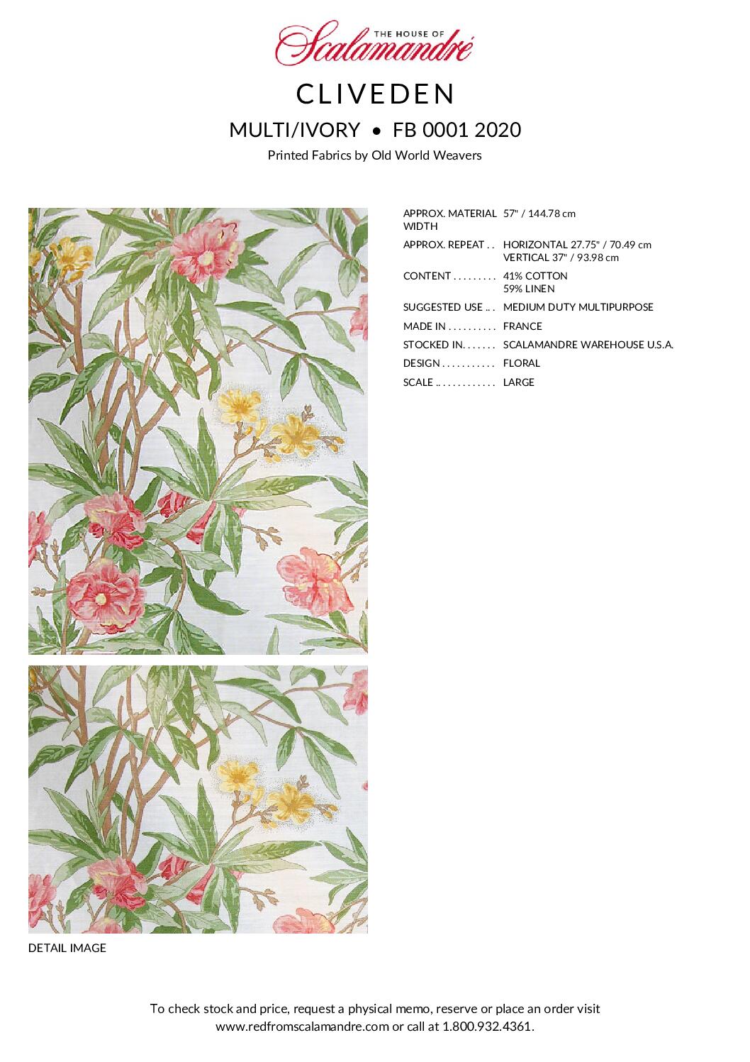 Scalamandre Cliveden Multi/Ivory Oleander flower Tree Branch Tropical Print on Cotton Linen  MSRP USD316/y