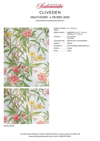 Scalamandre Cliveden Multi/Ivory Oleander flower Tree Branch Tropical Print on Cotton Linen  MSRP USD316/y