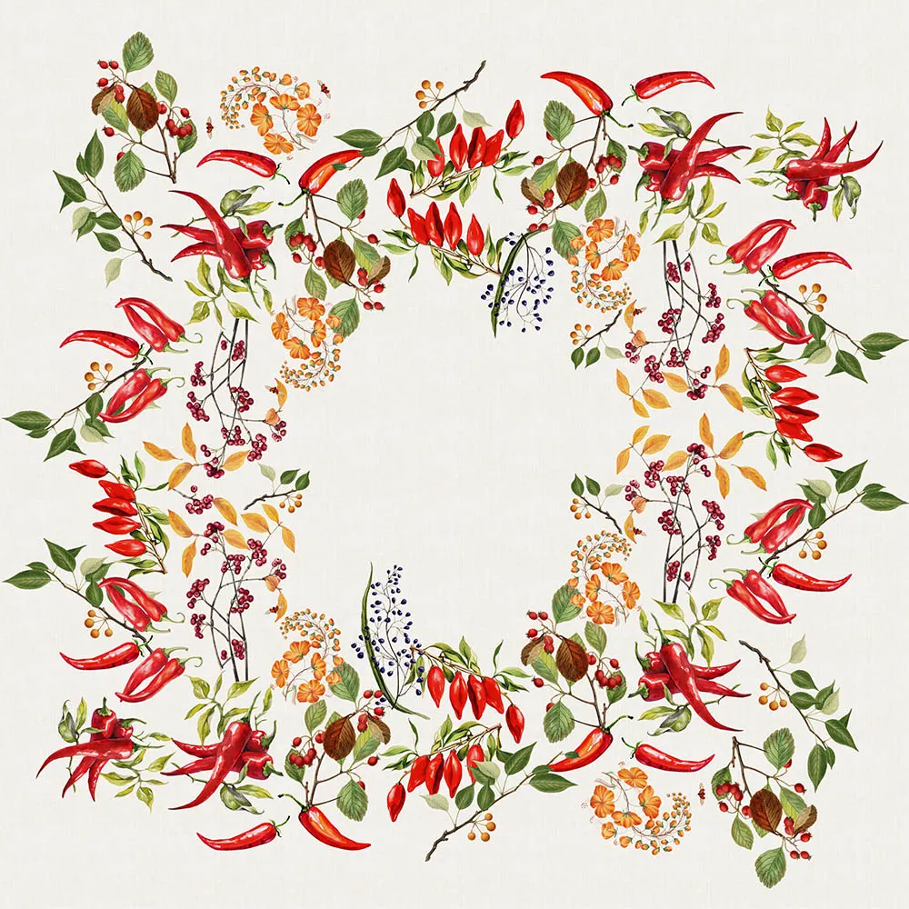 Garnier Thiebaut Piments Doux Caliente Spices and Red Peppers Green Gold Tablecloth 61"x61", Cotton-Linen Blend