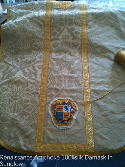 by yard Renaissance Artichoke 100%silk Damask In Sunglow Cream Ivory