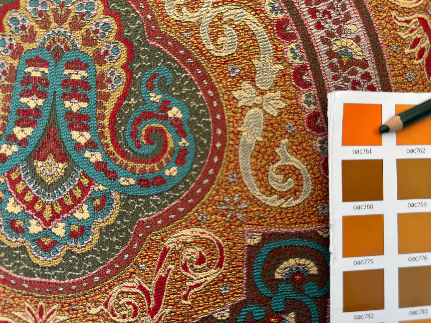 Scalamandre Antonova Teal/Gold Blue Red Cotton Fretwork Lattice Paisley - by the yard