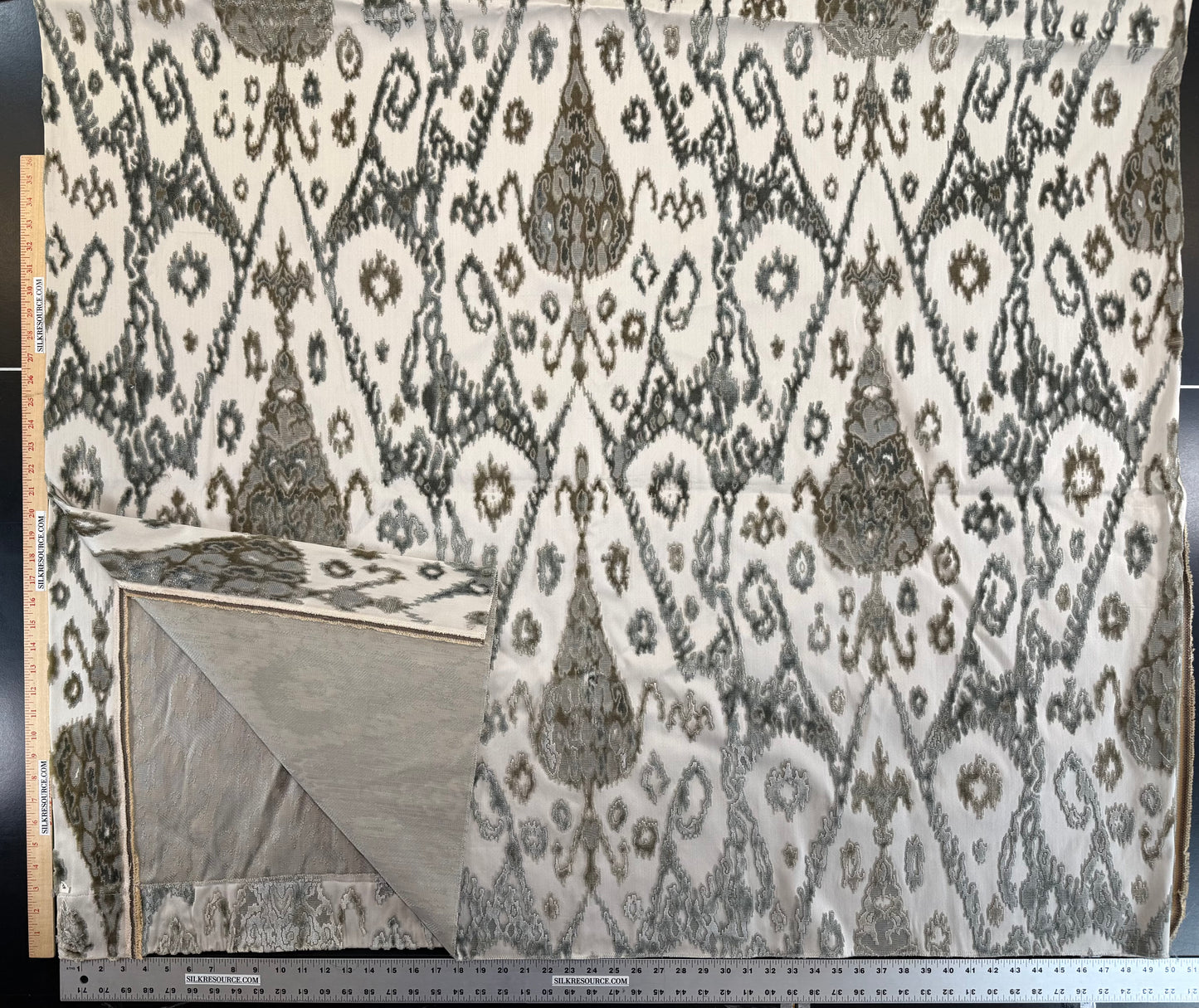 Scalamandre Tai Lao Slate Gray Beige Velvet Ikat Paisley Viscose Cotton - 2.4 yards- MSRP USD 532/y