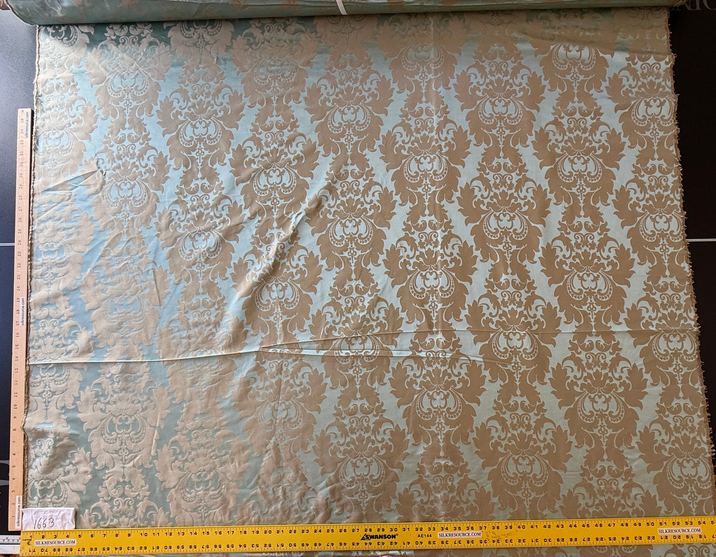 By Yard 100% Silk Damask Aqua Blue Celadon & Taupe Renaissance Dye Stained