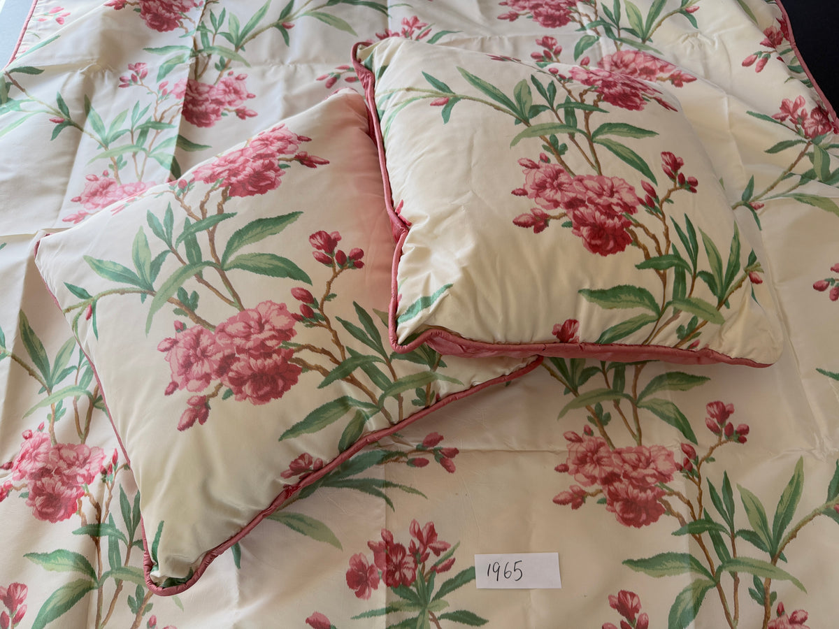 Brunschwig & Fil 2 Pillows and Tablecloth Silk Warp Print Raspberry Pink Green on Cream Oleander Flower