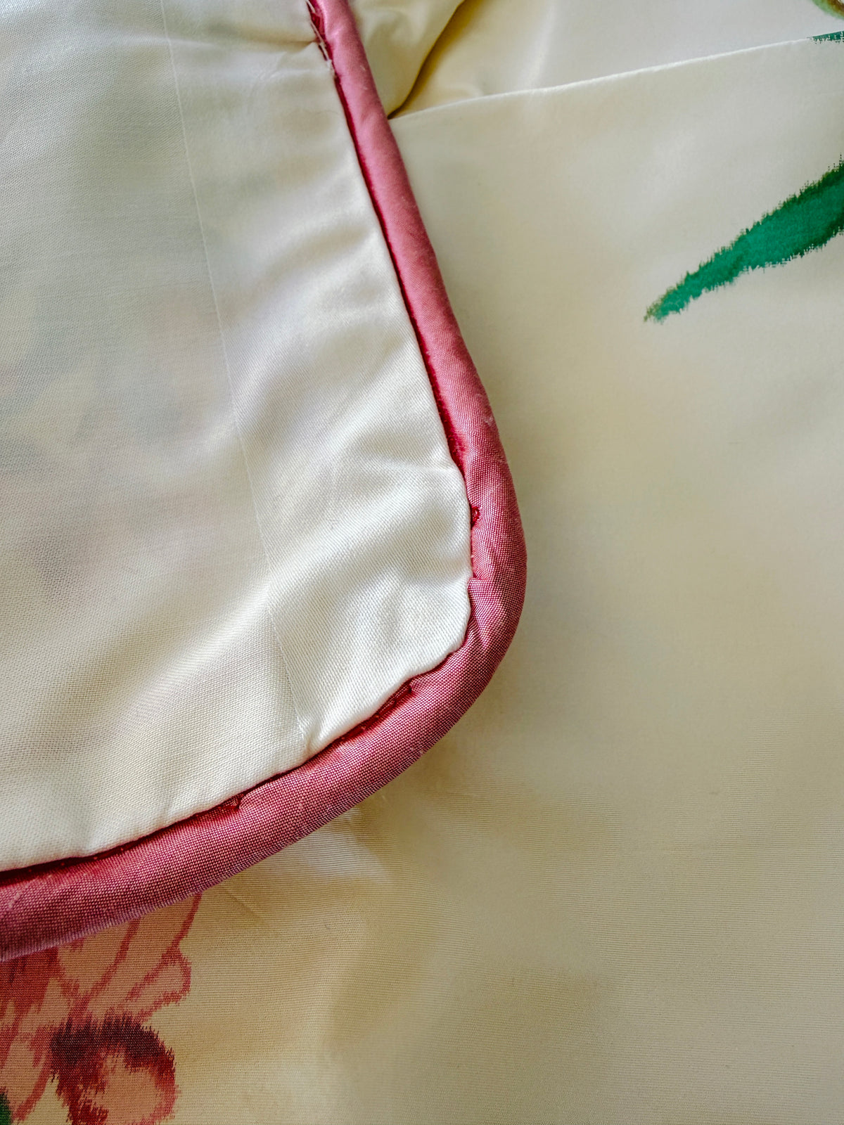 Brunschwig & Fil 2 Pillows and Tablecloth Silk Warp Print Raspberry Pink Green on Cream Oleander Flower