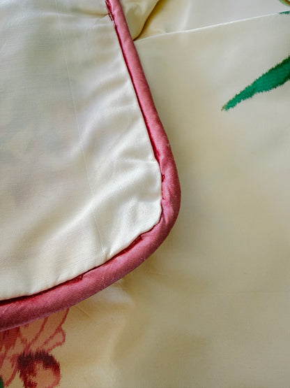 Brunschwig & Fil 2 Pillows and Tablecloth Silk Warp Print Raspberry Pink Green on Cream Oleander Flower