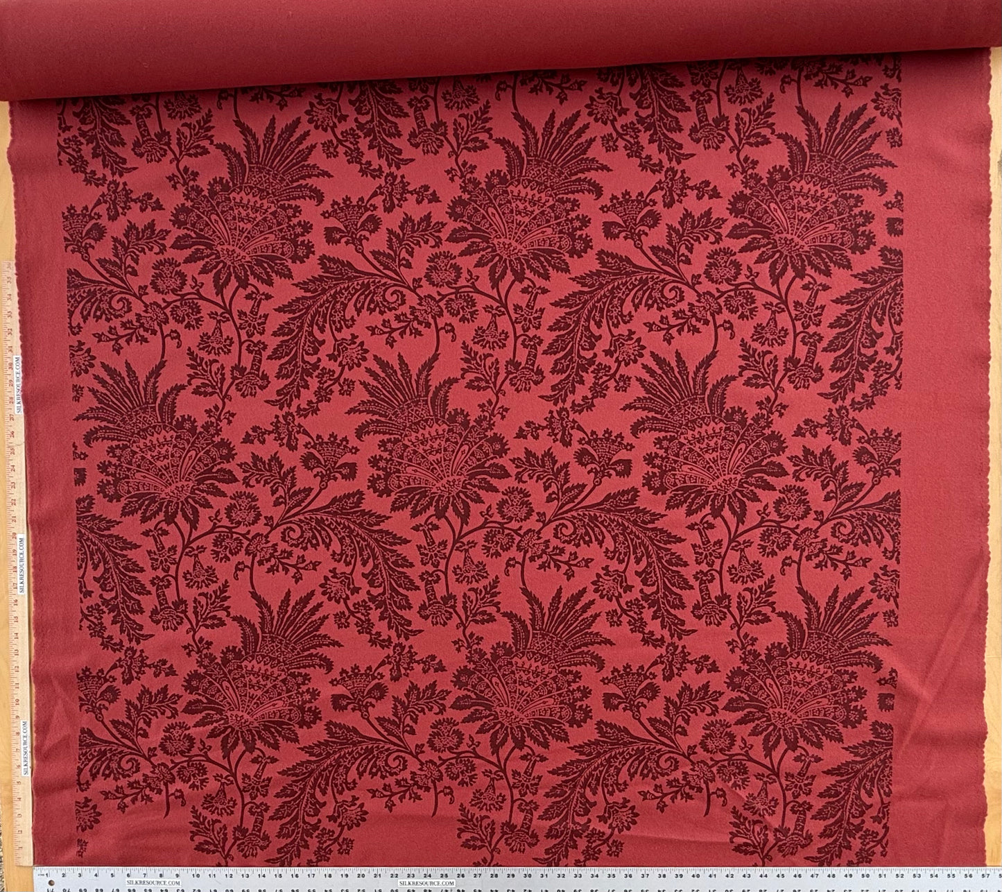 Scalamandre Monique in Red Jacobean Printed Felt Floral Brown On Red - By The Yard - MSRP USD290/y