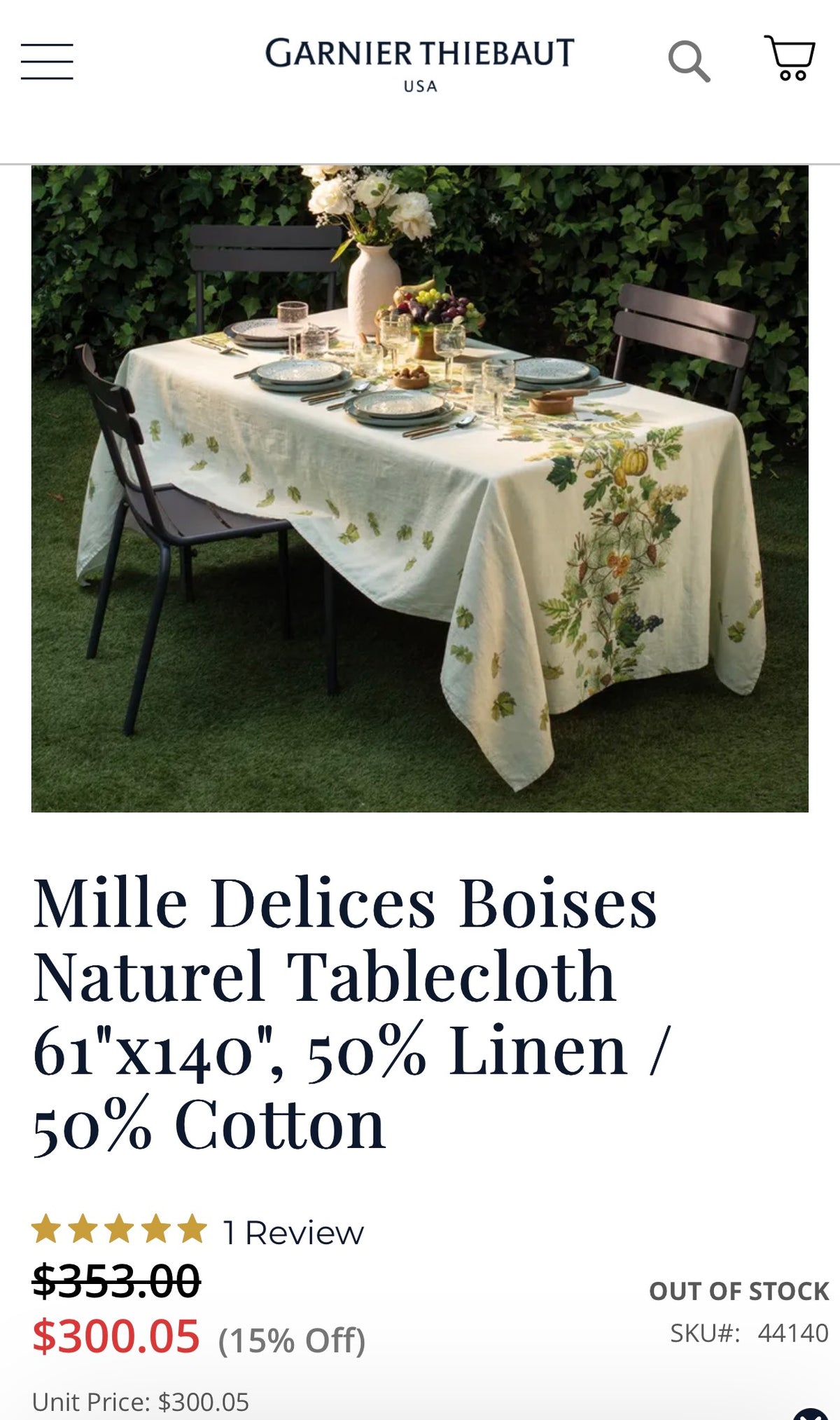 Garnier Thiebaut Table Cloth Mille Delices Boises Naturel Tablecloth, Cotton-Linen Blend, Prewashed large 60x140 inches Grapes Chestnuts Pears Acorn