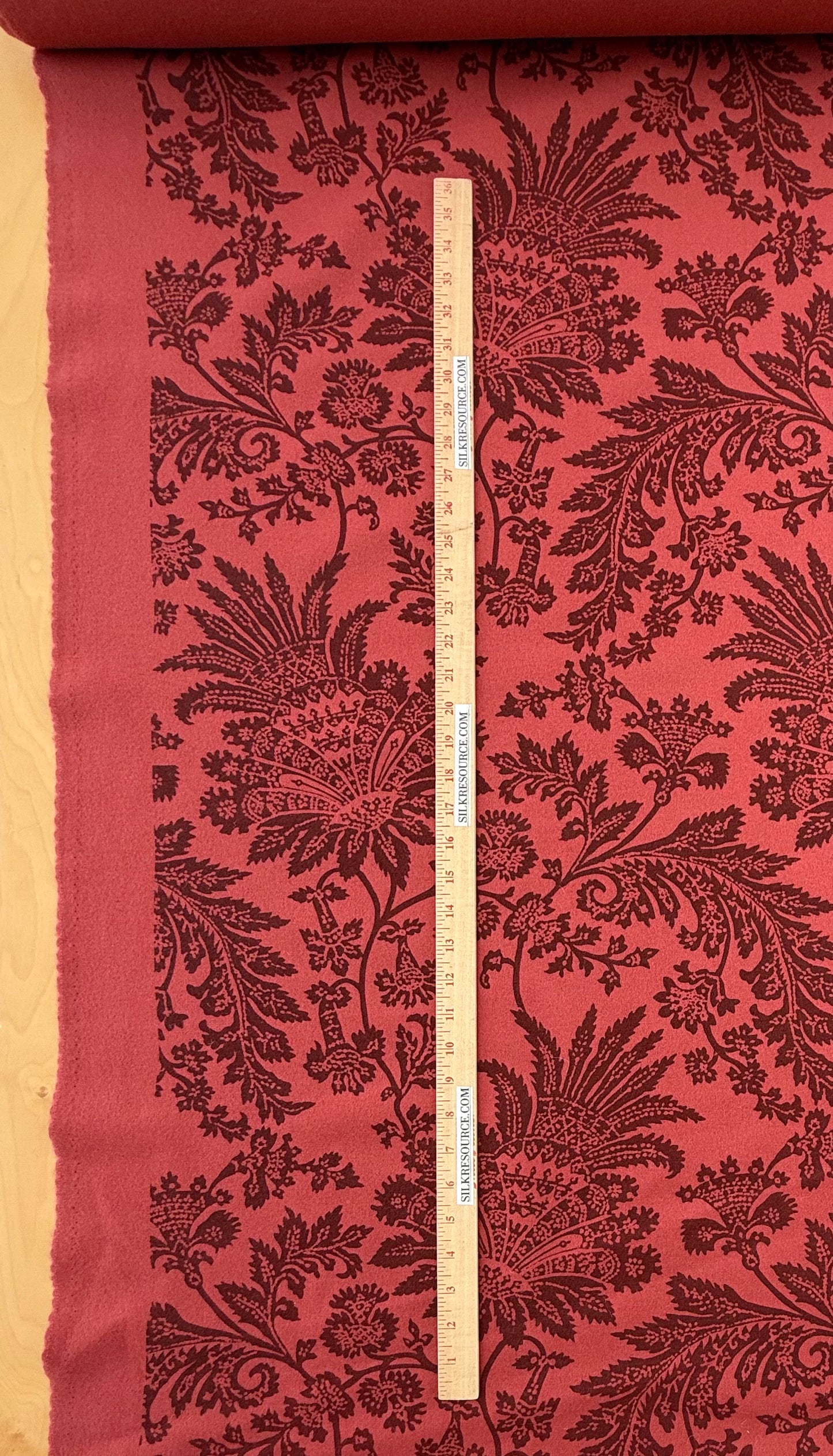 Scalamandre Monique in Red Jacobean Printed Felt Floral Brown On Red - By The Yard - MSRP USD290/y
