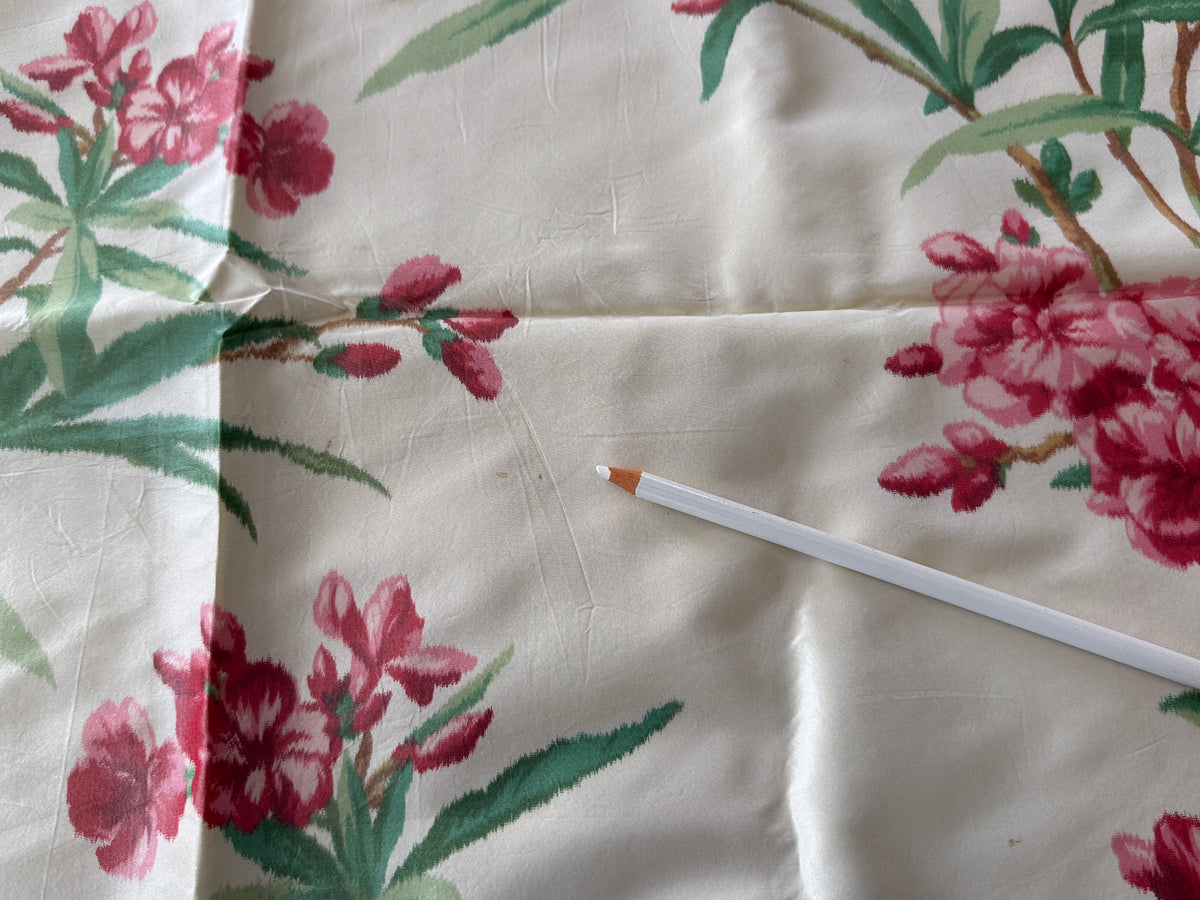 Brunschwig & Fil 2 Pillows and Tablecloth Silk Warp Print Raspberry Pink Green on Cream Oleander Flower