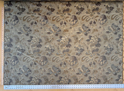 By yard 100% Silk Lampas French Pomegranate "whiskey" Blue Tan Gold Historical Design