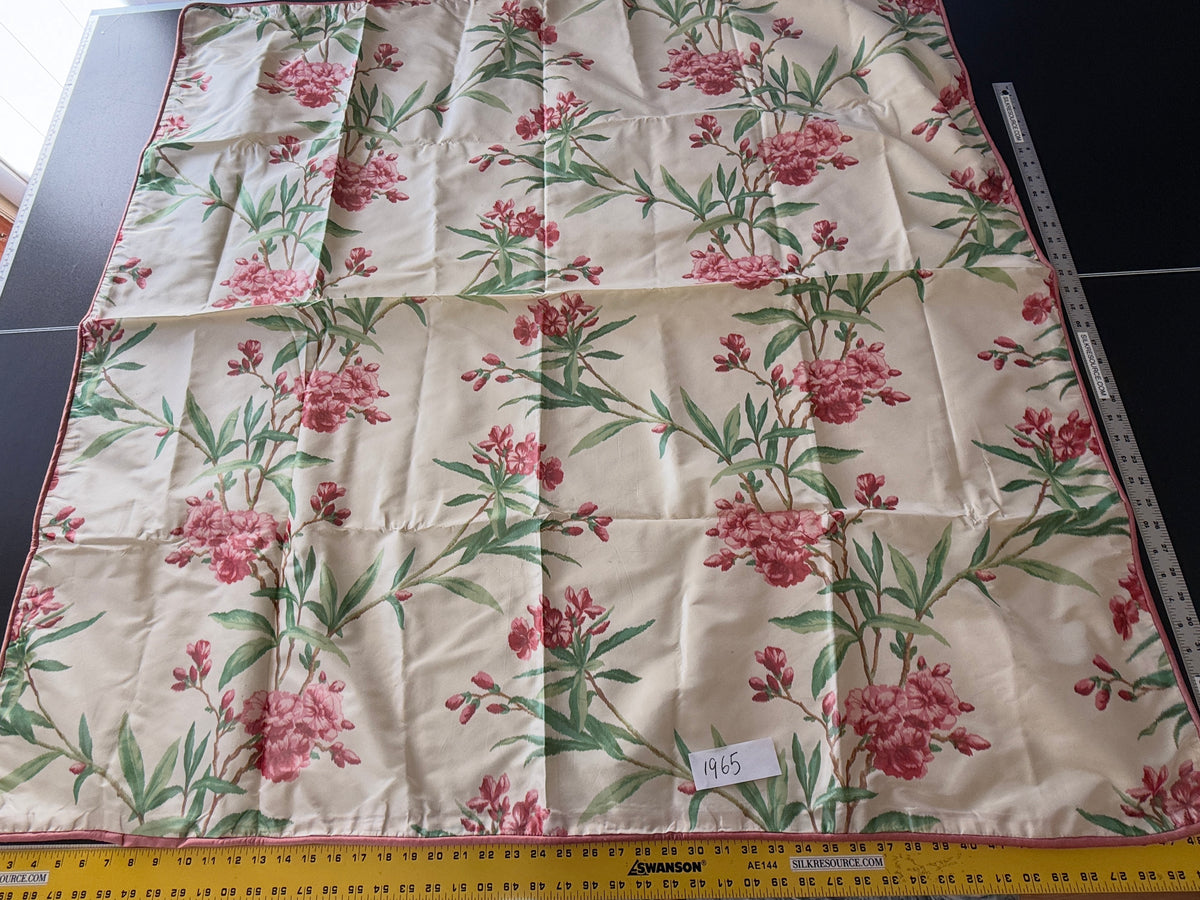 Brunschwig & Fil 2 Pillows and Tablecloth Silk Warp Print Raspberry Pink Green on Cream Oleander Flower