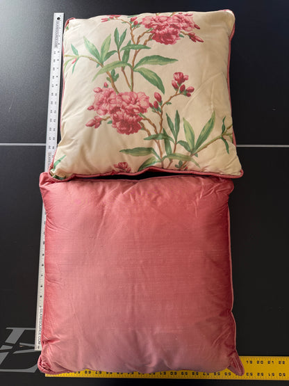 Brunschwig & Fil 2 Pillows and Tablecloth Silk Warp Print Raspberry Pink Green on Cream Oleander Flower