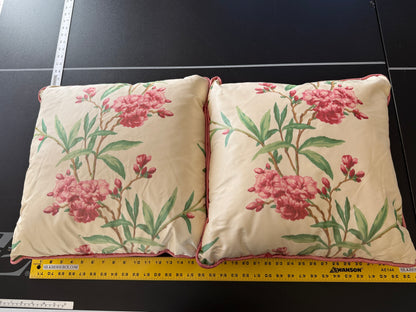 Brunschwig & Fil 2 Pillows and Tablecloth Silk Warp Print Raspberry Pink Green on Cream Oleander Flower