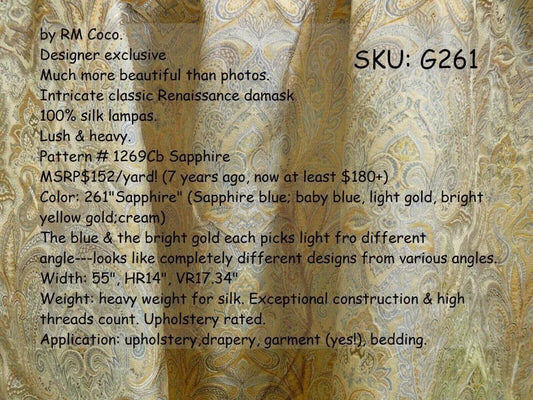 By Yd Rm Coco 100% Silk Lampas Classy Renaissance Sapphire Gold Yellow MSRP USD 184.80/Y