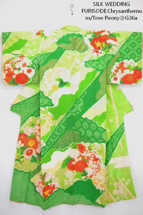 High Quality Vintage Silk Wedding Furisode:Chrysanthemum/Tree Peony@G36a