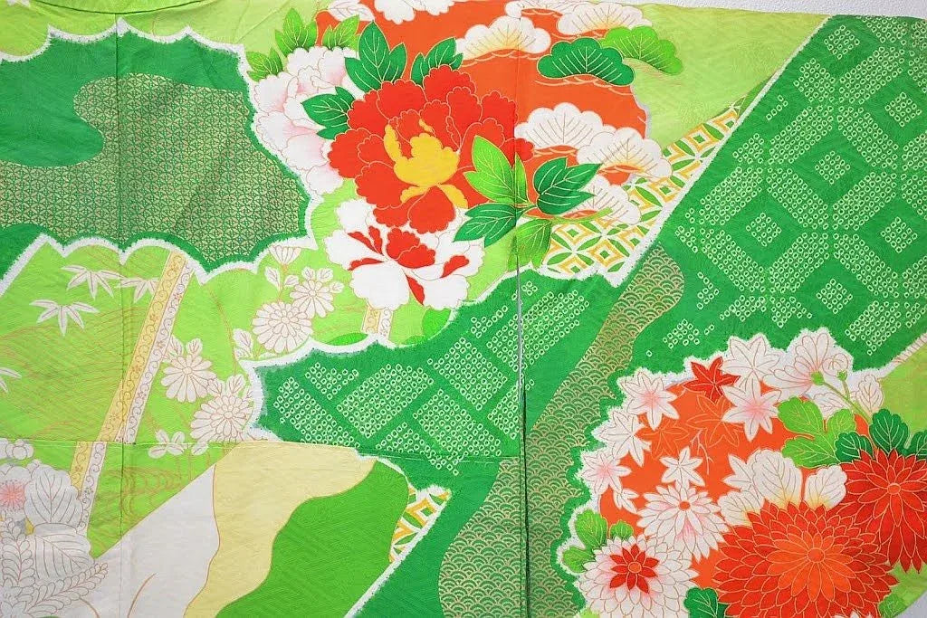 High Quality Vintage Silk Wedding Furisode:Chrysanthemum/Tree Peony@G36a