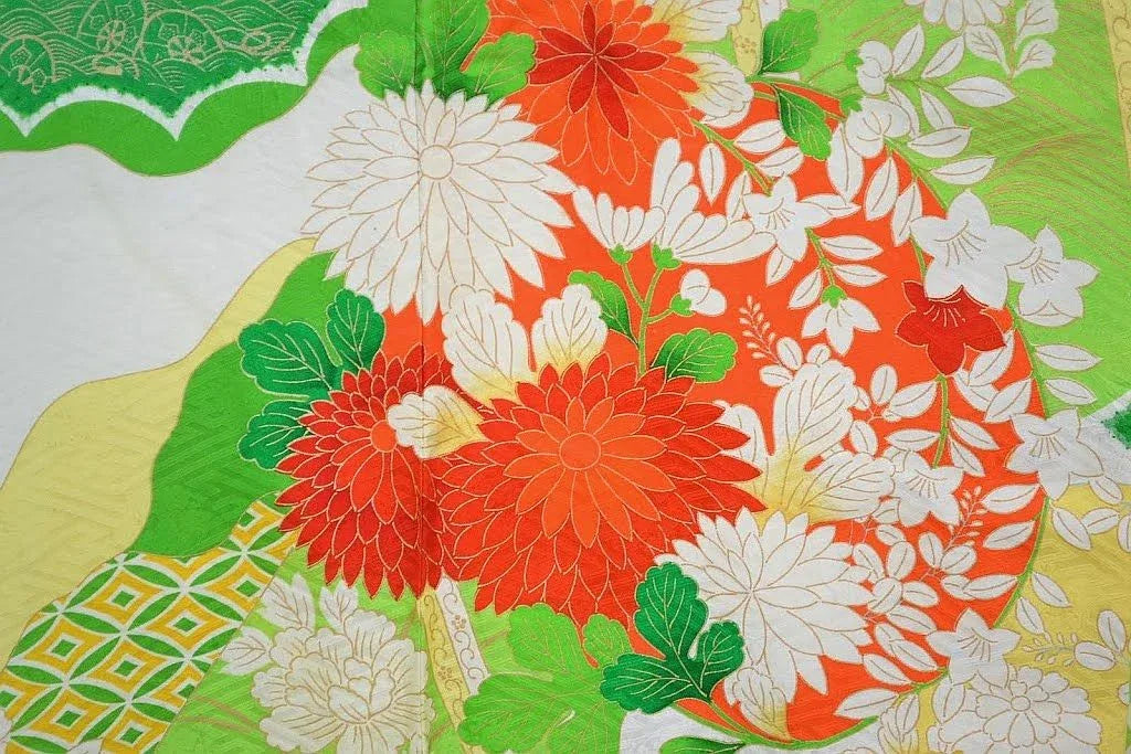 High Quality Vintage Silk Wedding Furisode:Chrysanthemum/Tree Peony@G36a