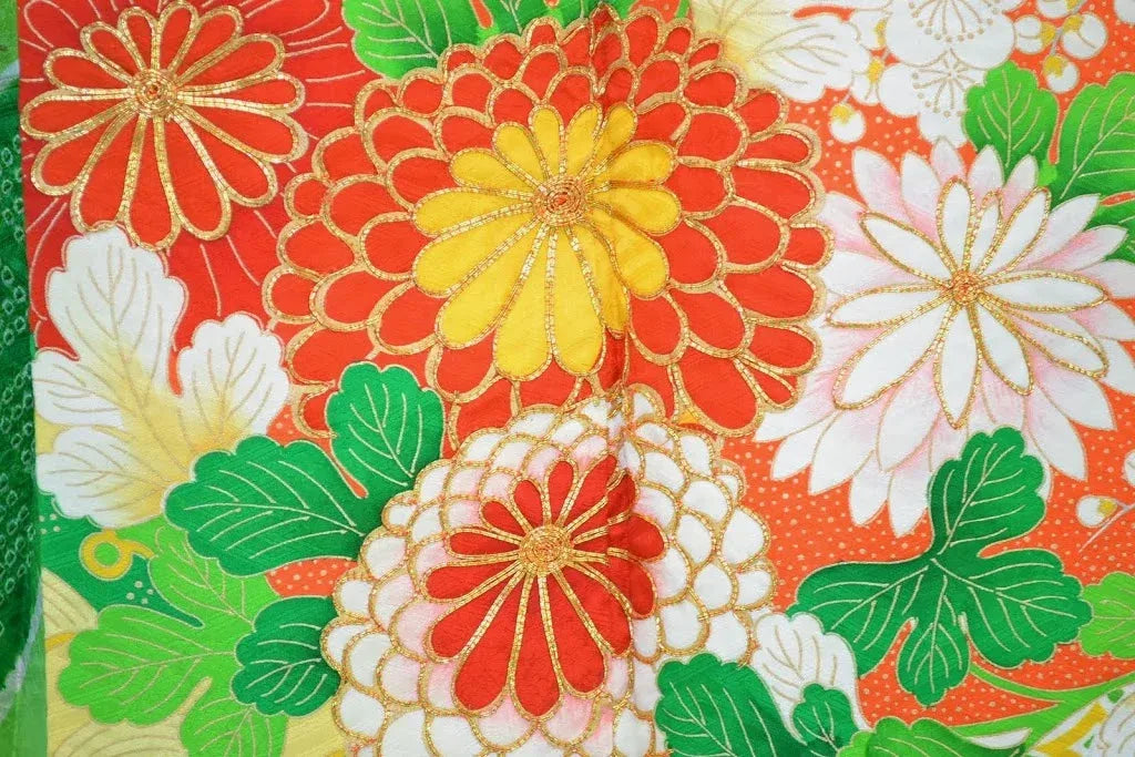 High Quality Vintage Silk Wedding Furisode:Chrysanthemum/Tree Peony@G36a