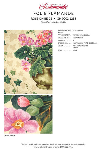 Scalamandre Folie Flamande Rose on Beige Botanic Illustration Rose Dalia Tulip Ivy Crocus Morning Glory 33-screen!  MSRP USD236/y