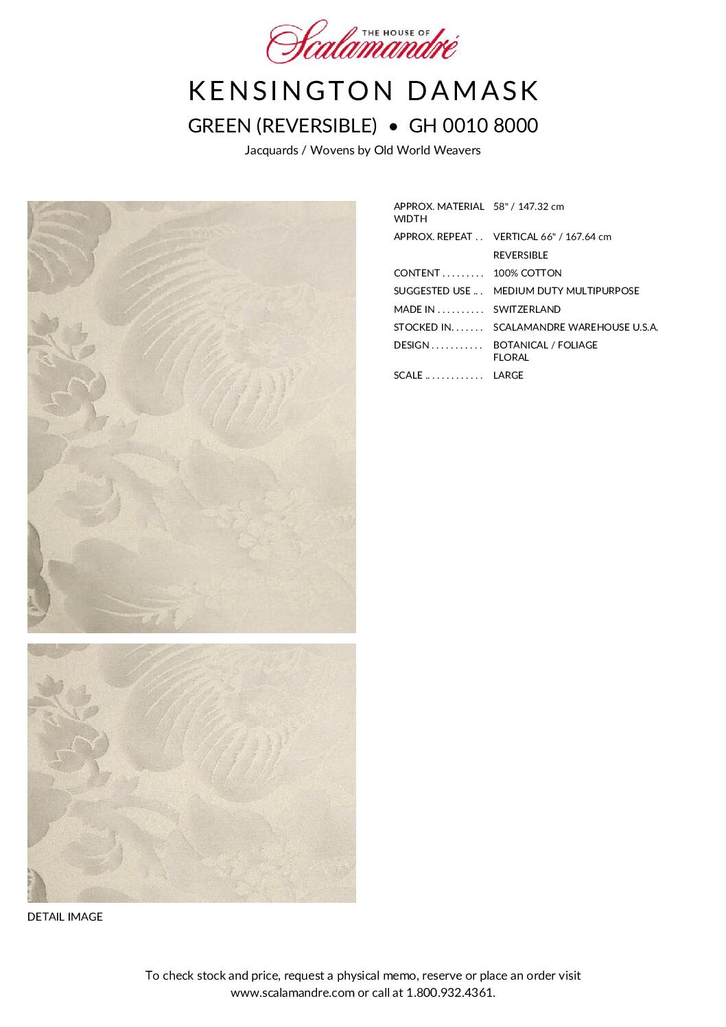 Scalamandre Kensington Damask Green Reversible Large Rose Blossom Deep Green Cotton MSRP USD 192/y