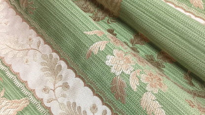 Scalamandre Lelievre Paris Lampas Sanary Vert Green Silk Lampas Viscose Stripe Chinoiserie Botanical MSRP USD1428/y