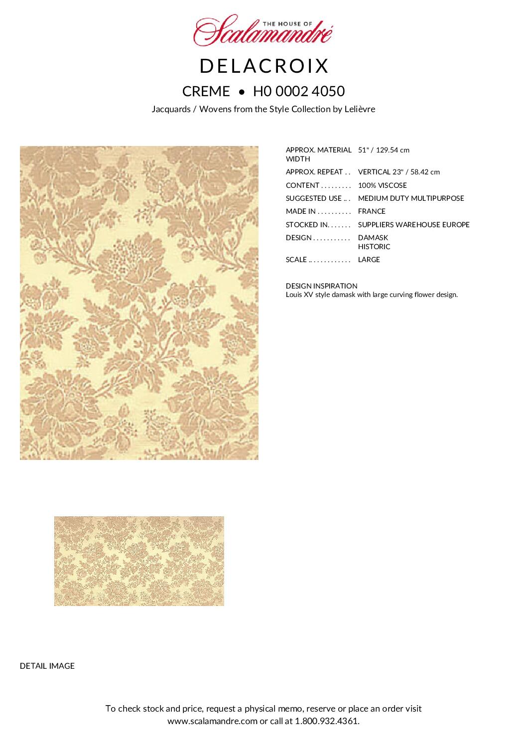 Scalamandre Delacroix Creme Viscose Damask Historic MSRP USD 596/y