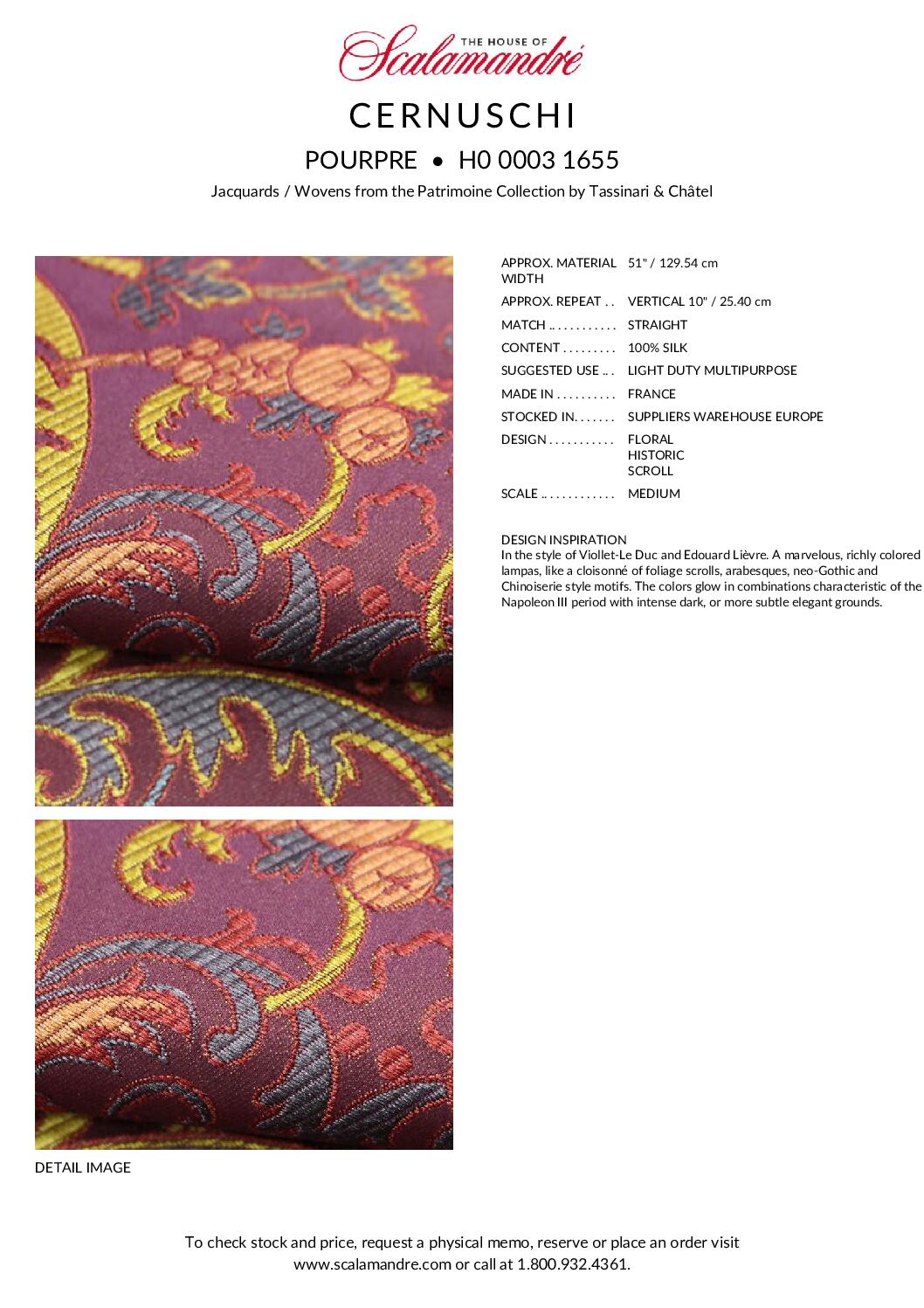Tassinari and Chatel Scalamandre Cernuschi Pourpre Purple Silk Brocade MSRP USD 2128/Y