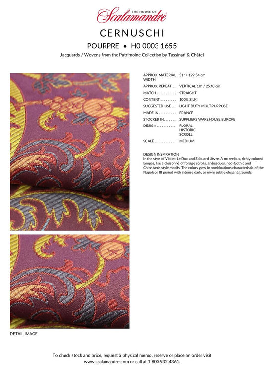 Tassinari and Chatel Scalamandre Cernuschi Pourpre Purple Silk Brocade MSRP USD 2128/Y