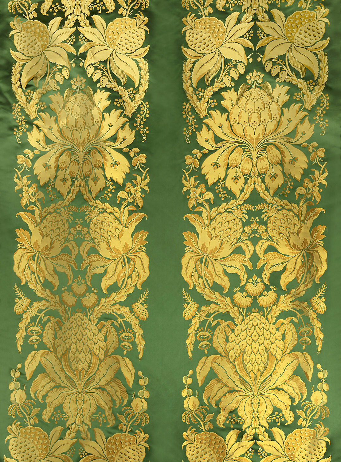 Special Order Scalamandre Tassinari &amp; Chatel Les Ananas 51" in Vert Green Gold Historical Silk Lampas Pineapple Neoclassical MSRP USD5616/repeat