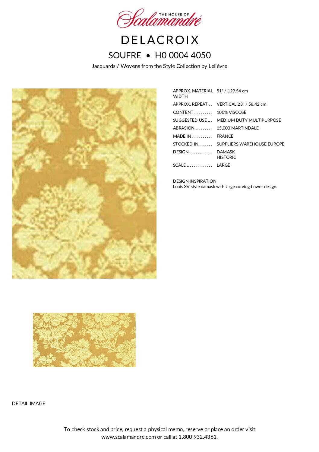 Scalamandre Delacroix Soufre Yellow Viscose Damask Historic MSRP USD 596/y