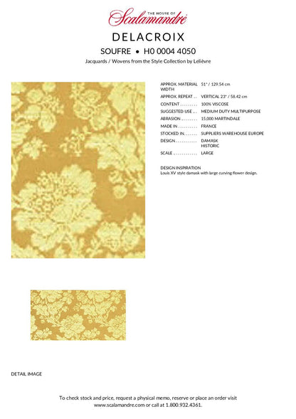 Scalamandre Delacroix Soufre Yellow Viscose Damask Historic MSRP USD 596/y