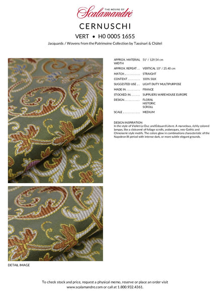 Tassinari &amp; Chatel Scalamandre Cernuschi Vert Green Silk Brocade MSRP USD 2128/Y