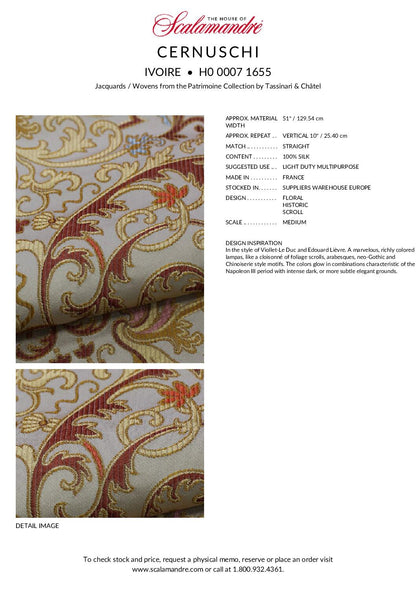 Tassinari and Chatel Scalamandre Cernuschi Ivoire Silk Brocade MSRP USD 2128/Y