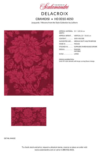 Scalamandre Delacroix Cramoisi Viscose Damask Red Historic MSRP USD 596/y