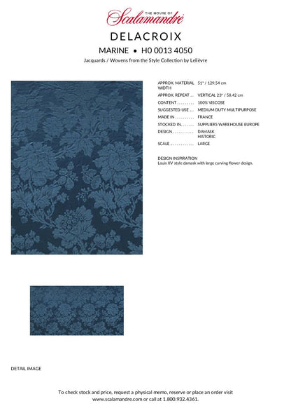 Scalamandre Delacroix Marine Blue Viscose Damask Historic MSRP USD 596/y