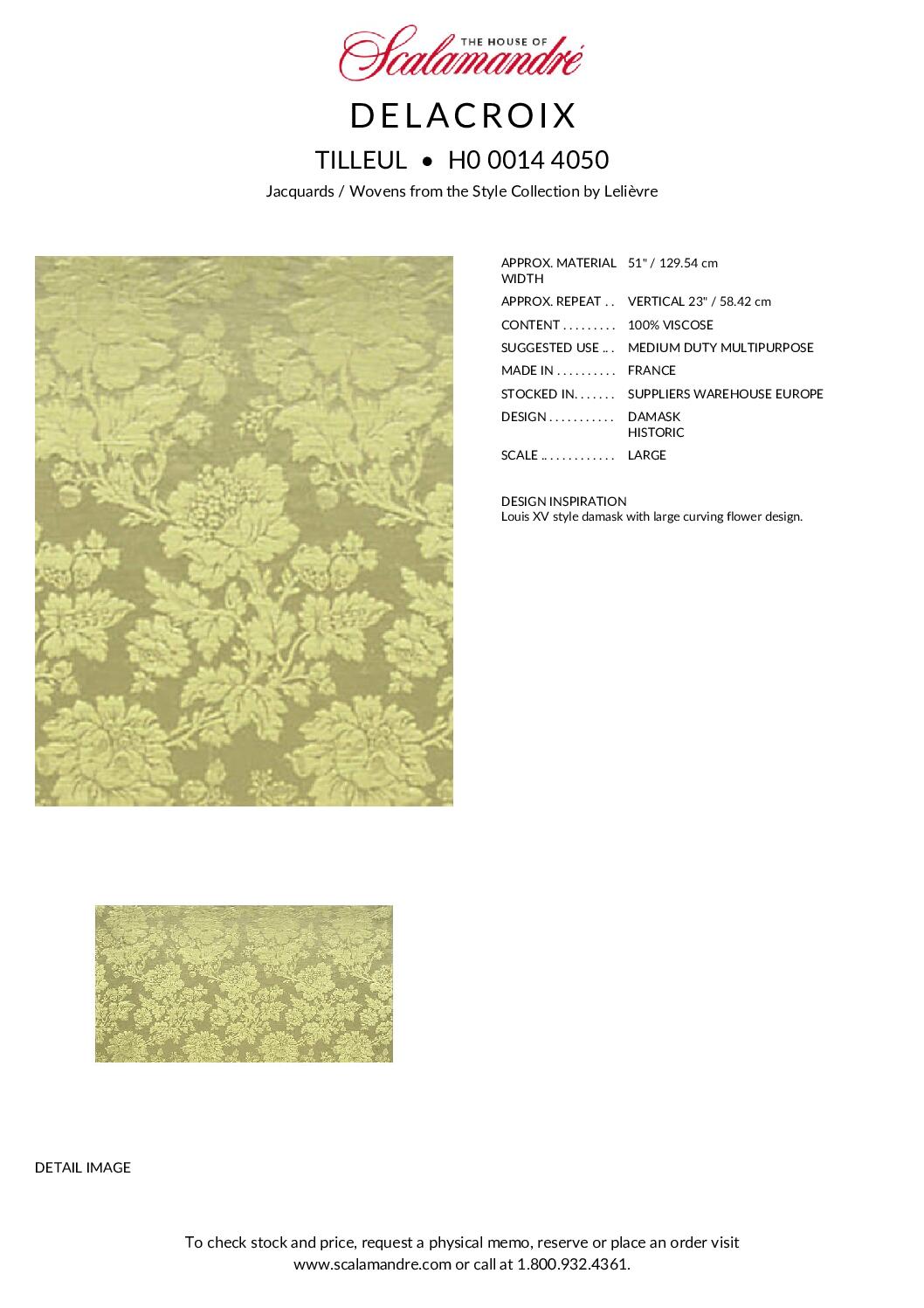 Scalamandre Delacroix Tilleul Yellow Green Viscose Damask Historic MSRP USD 596/y