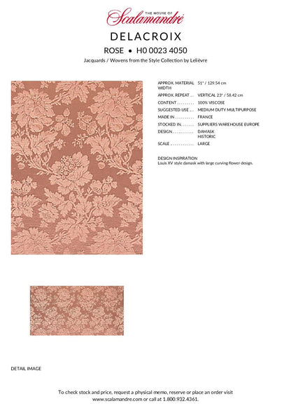 Scalamandre Delacroix Rose Viscose Damask Historic MSRP USD 596/y
