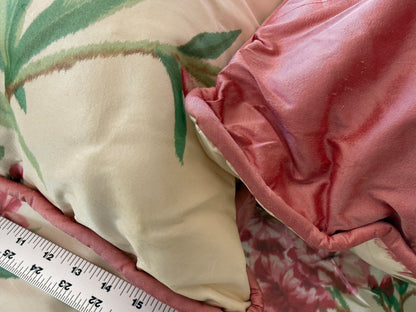 Brunschwig & Fil 2 Pillows and Tablecloth Silk Warp Print Raspberry Pink Green on Cream Oleander Flower