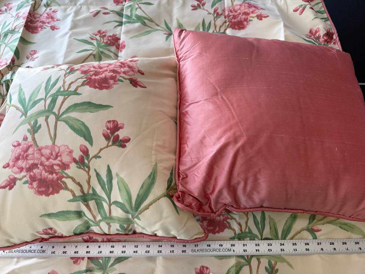Brunschwig & Fil 2 Pillows and Tablecloth Silk Warp Print Raspberry Pink Green on Cream Oleander Flower