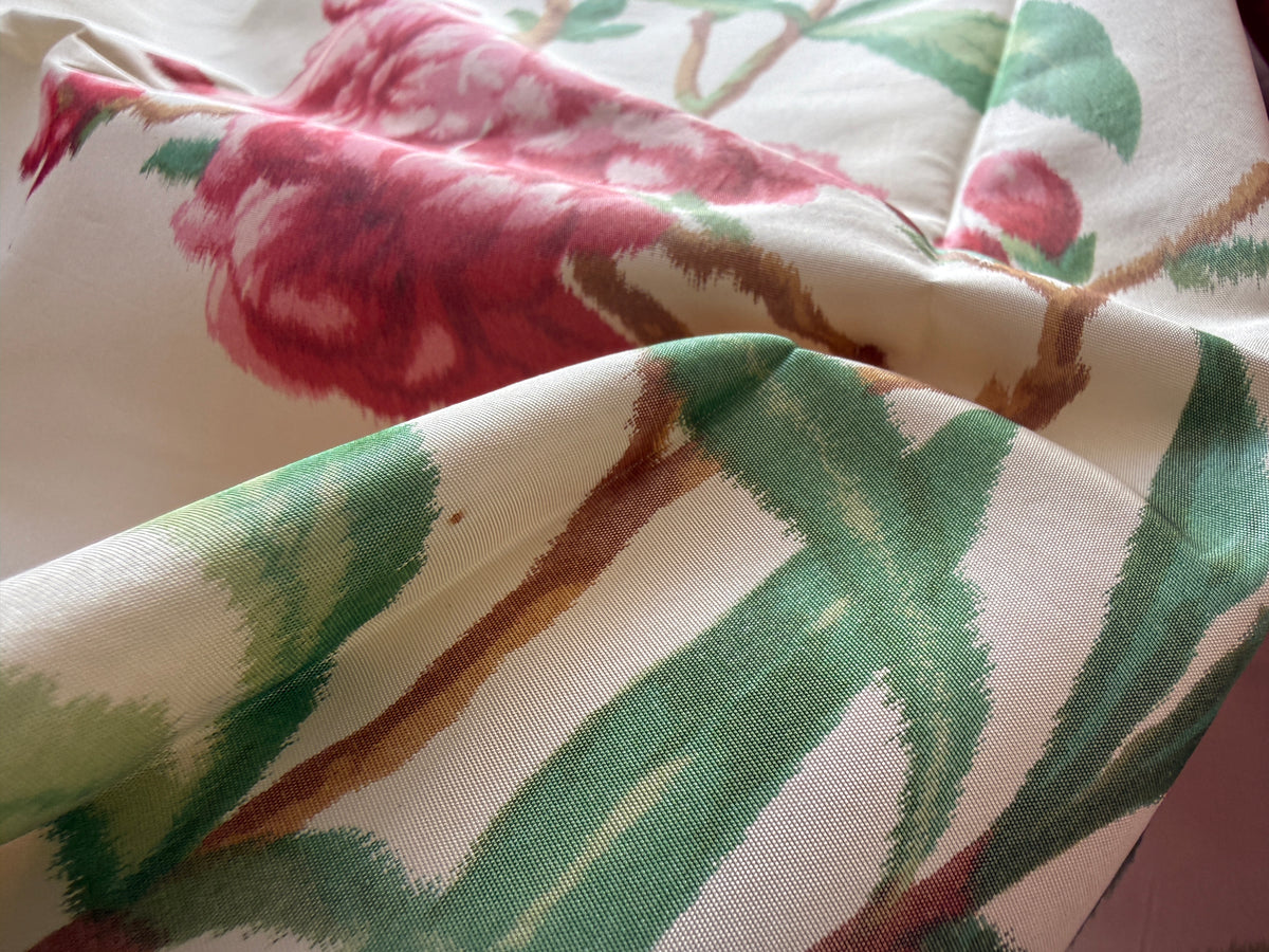 Brunschwig & Fil 2 Pillows and Tablecloth Silk Warp Print Raspberry Pink Green on Cream Oleander Flower