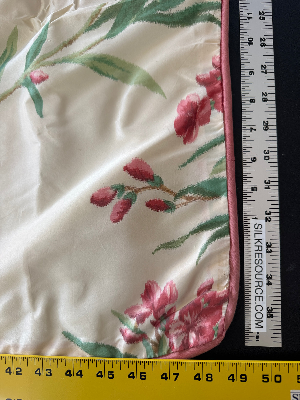 Brunschwig & Fil 2 Pillows and Tablecloth Silk Warp Print Raspberry Pink Green on Cream Oleander Flower